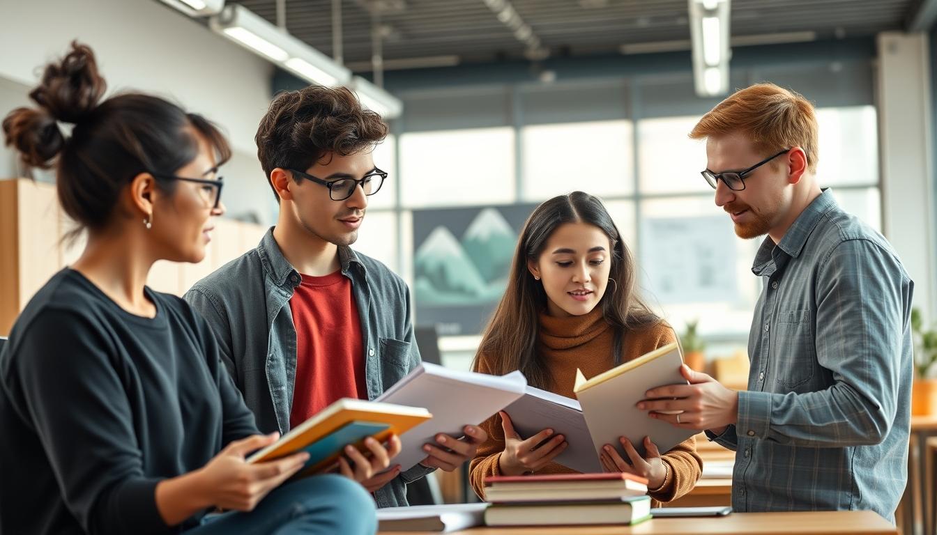 Students studying together in modern classroom